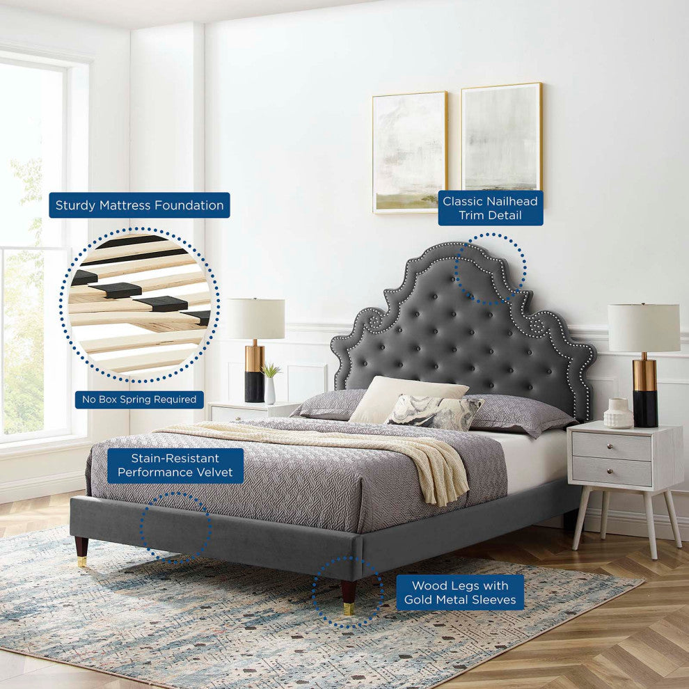 Tufted Platform Bed Frame, Full Size, Velvet, Gray, Modern Contemporary