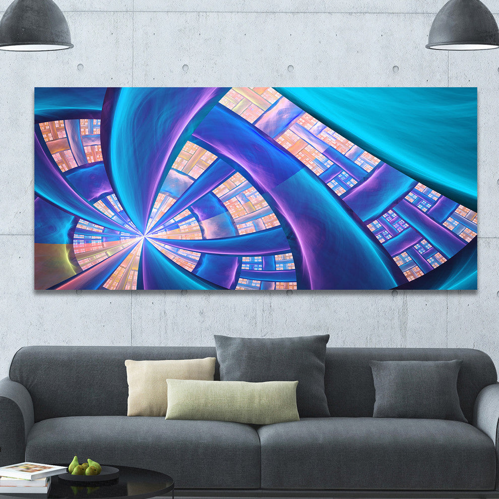 Blue Yellow Fractal Stained Glass, Oversized Abstract Canvas Art Print, 60x28
