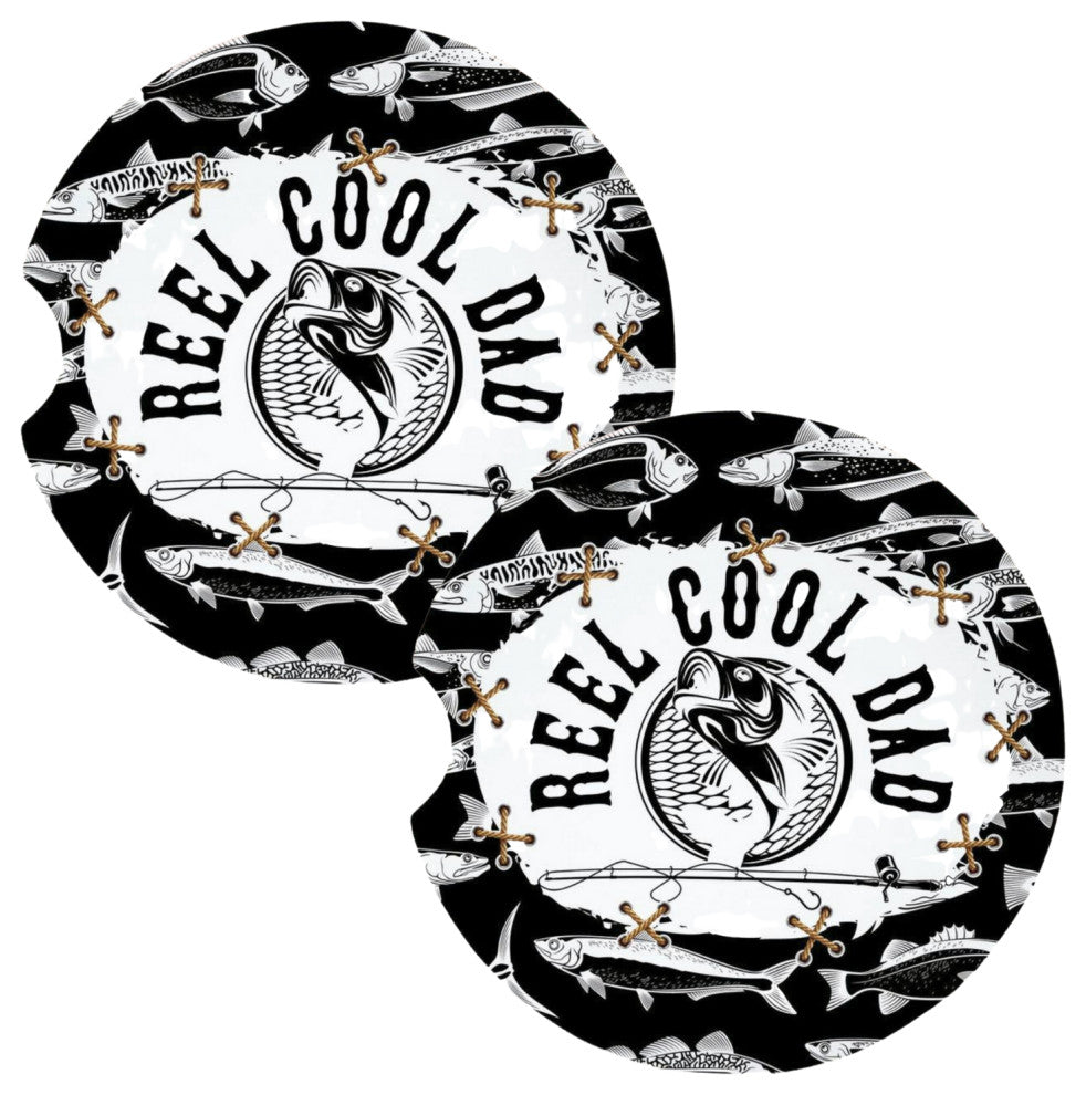 Reel Cool Dad Fishing Black and White Coasters for Car Cup Holders Set of 2