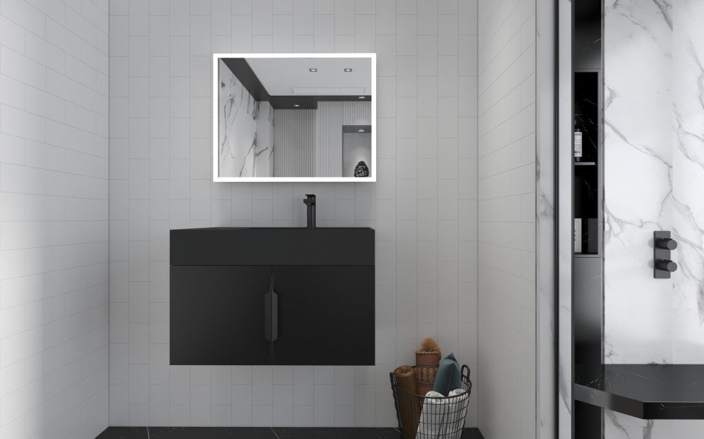 CastelloUSA Amazon 30" Right Wall Mounted Bathroom Vanity Set, Black, Black Top, Black Handles