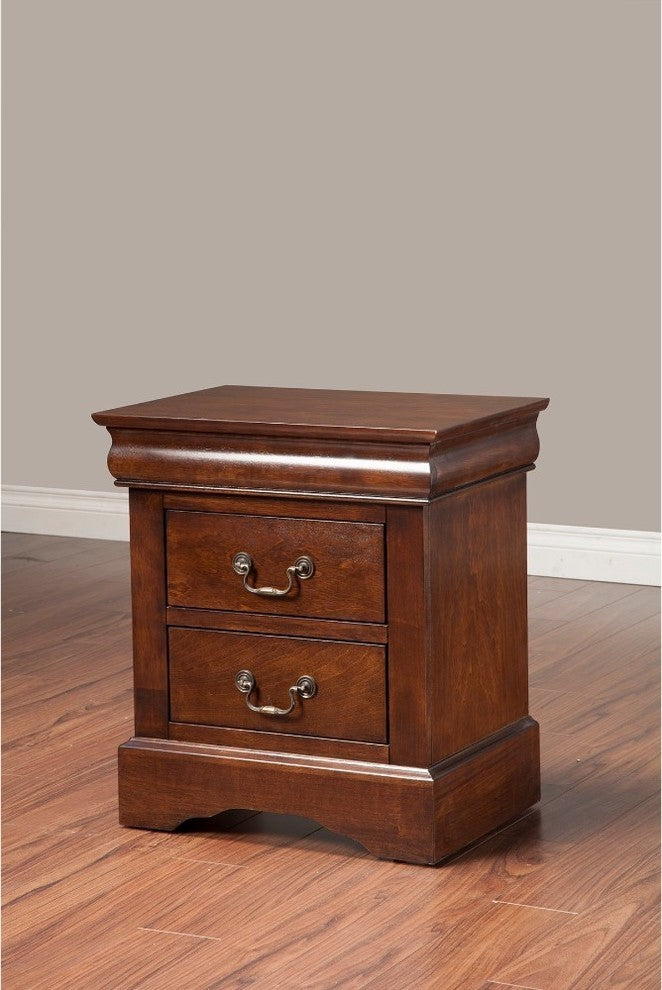 Benzara BM171940 Rubberwood 2 Drawer Nightstand With Antique Handles Brown