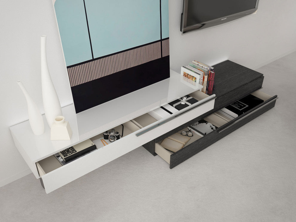 Gramercy Media Console, Glossy White and Gray Oak