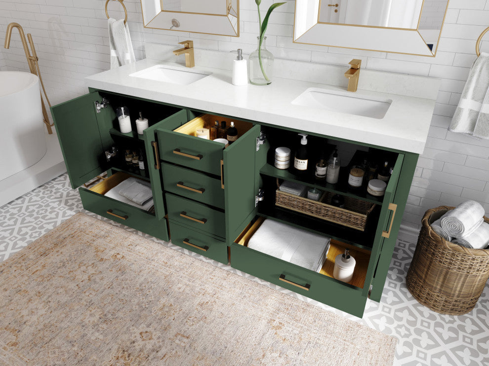 Malibu 72 Double Sink Bath Vanity in Lafayette Green 2" Carrara Quartz