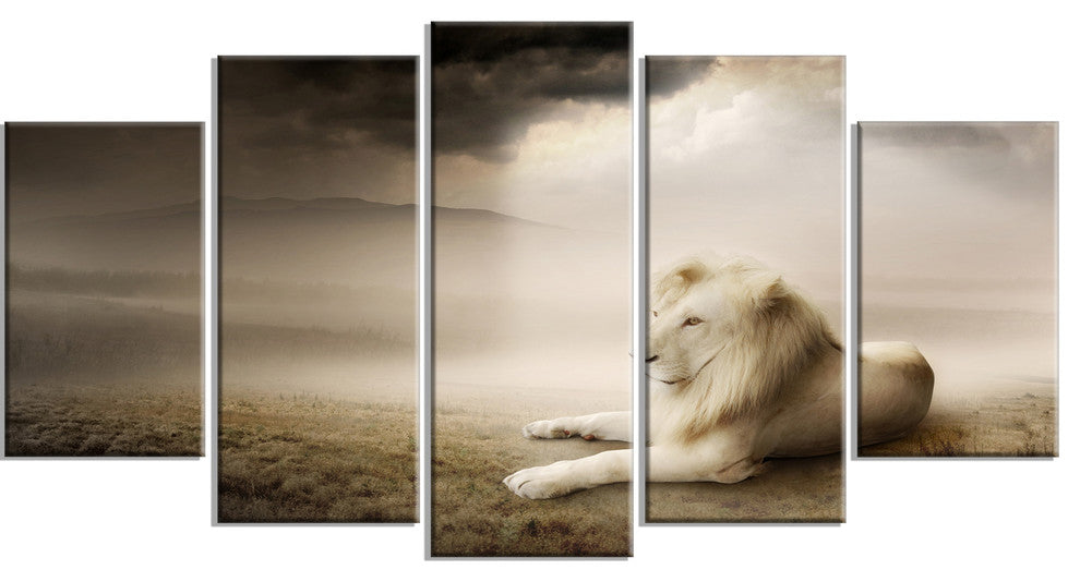 King of Animals At Sunset, Animal Canvas Wall Art, 60"x32", 5 Panels