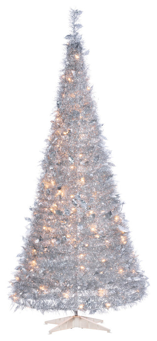 7.5' High Pop Up Pre-Lit Silver Tinsel Tree With 250 Warm White Lights