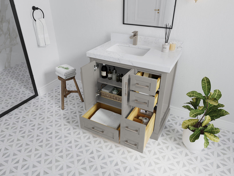 Boston 36 Left Offset Bath Vanity in Elephant Skin Gray 2" Carrara Marble