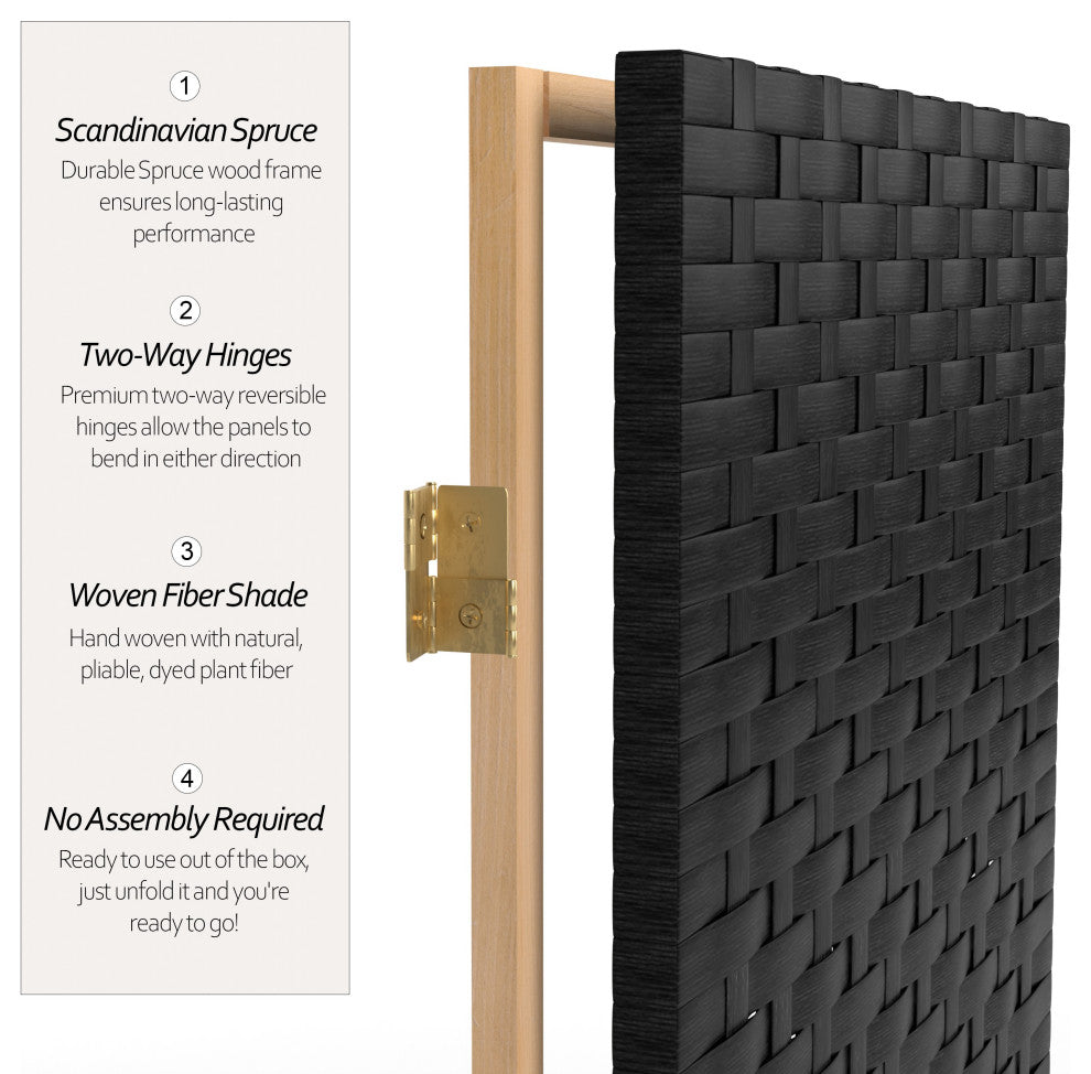 7' Tall Woven Fiber Room Divider, Black, 6 Panel