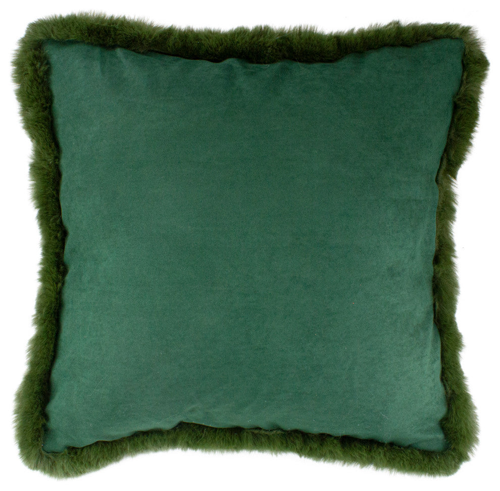 17" Dark Green Velvet Throw Pillow with Faux Fur Fringe Edging