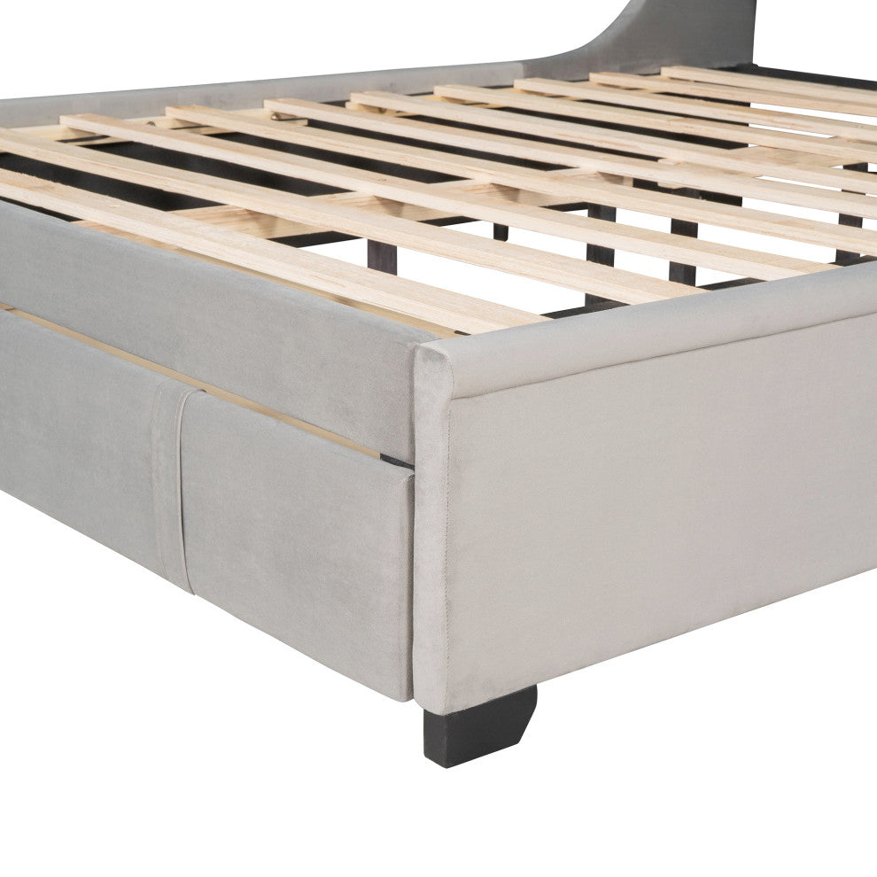 Queen Upholstered Platform Bed with Wingback Headboard and Drawer, Gray