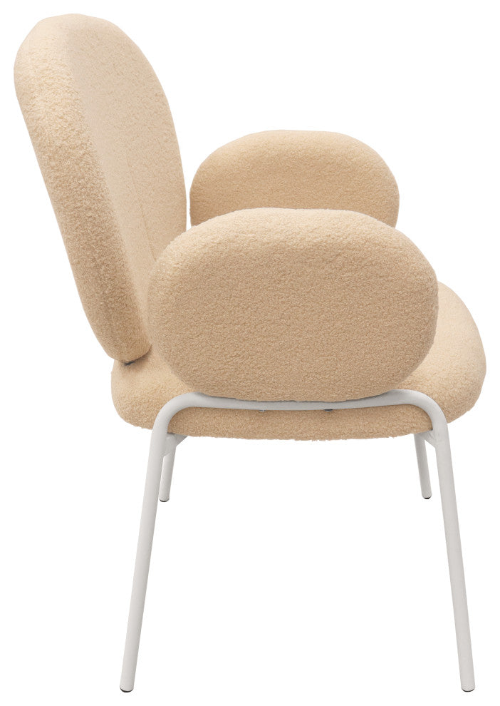 Celestial Boucle Dining Chairs With Arms, White Iron Legs, Beige