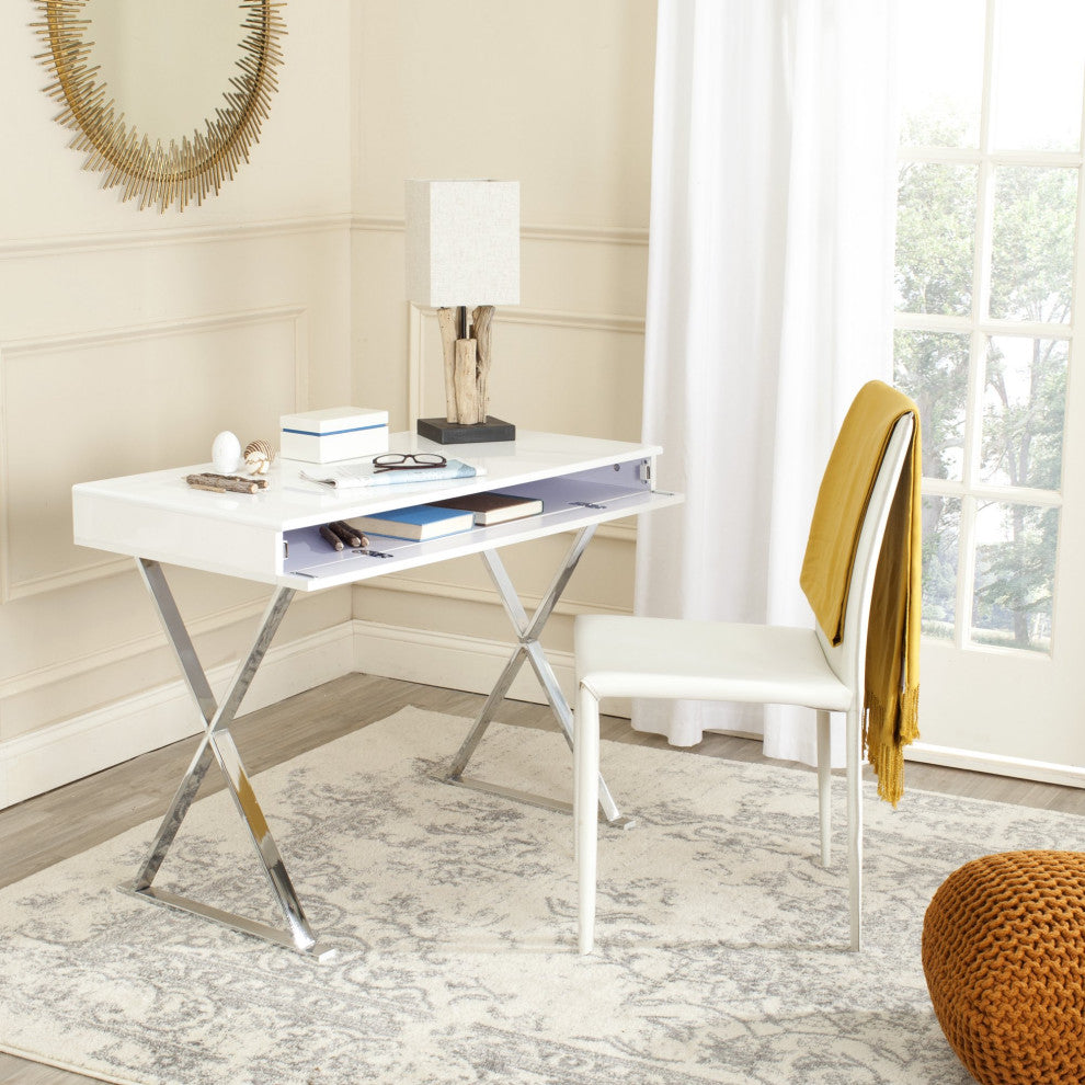 Contemporary Desk, X-Shaped Chrome Legs & Thin Pull Down Compartment, White