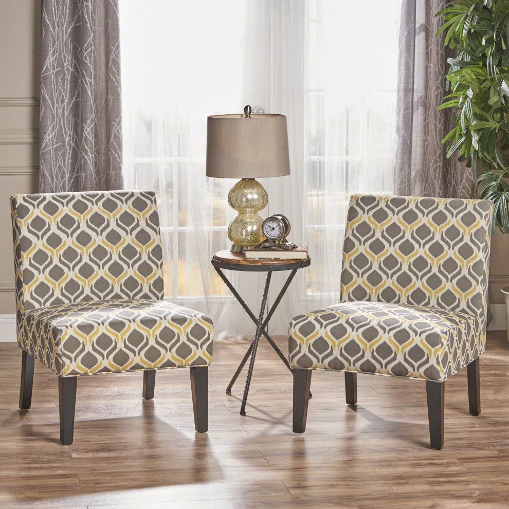 GDF Studio Kalee Contemporary Fabric Slipper Accent Chair, Set of 2, Yellow and Gray Ikat Pattern/ Matte Black
