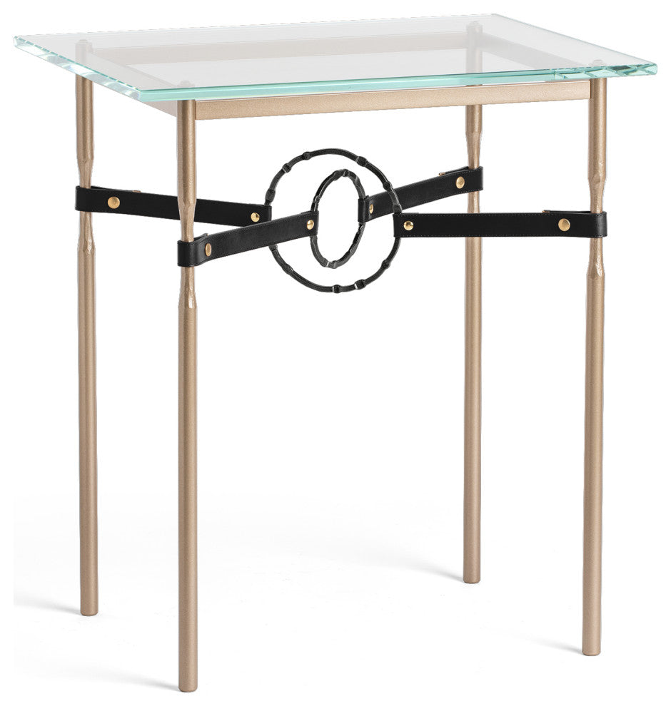 Equus Side Table, Soft Gold Finish, Black Accents, Black Leather Strap