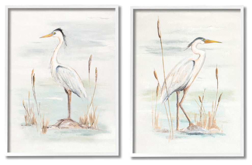 Elegant Heron Birds Cattails Plants In Water Painting, 2pc, each 16 x 20