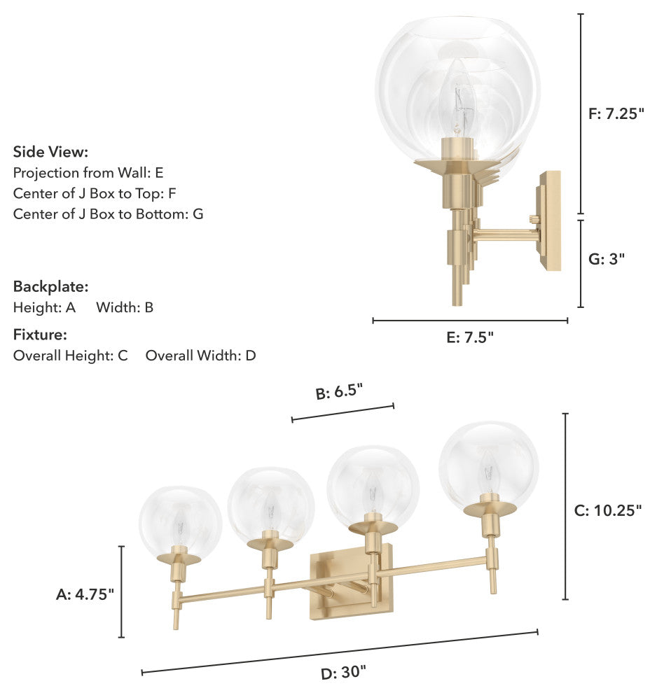 Xidane Alturas Gold, Clear Glass 4 Light Vanity Wall