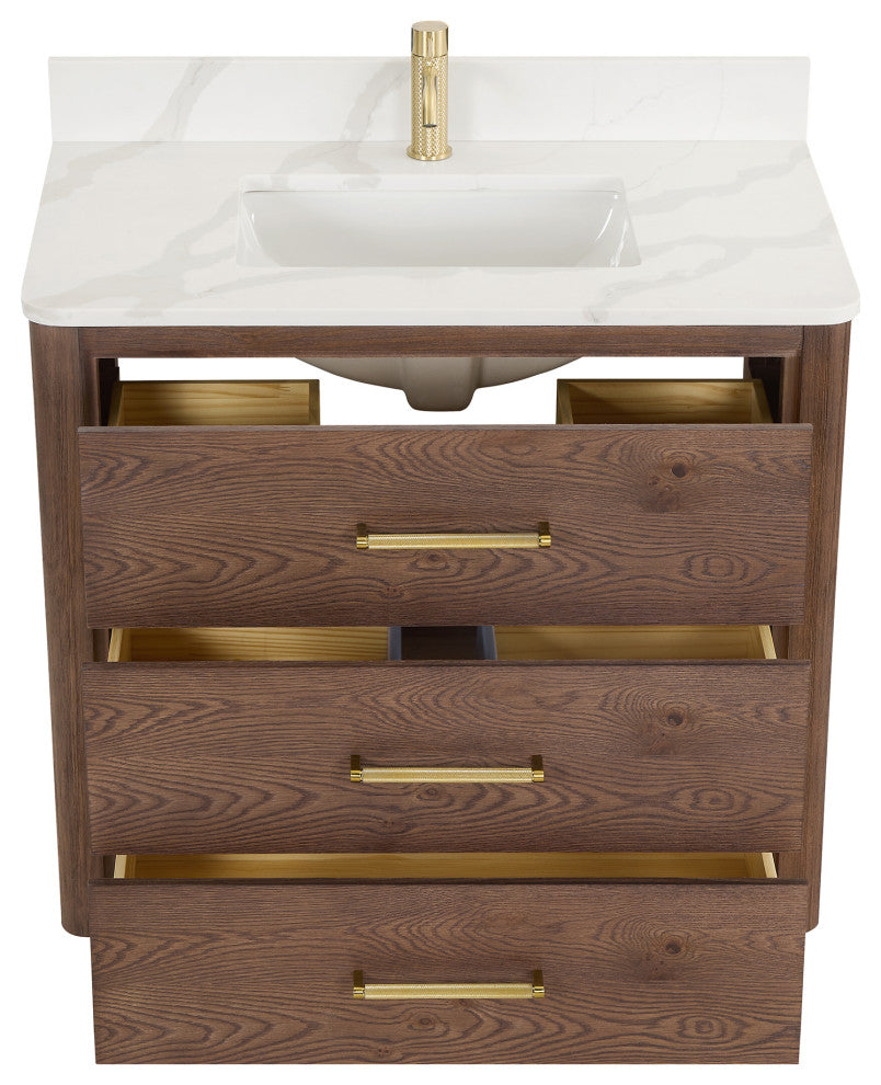 Porto Bath Vanity with White Quartz Stone Top, Dark Brown Oak, 36 in., No Mirror