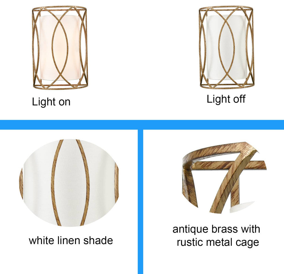 2-Light Vanity Modern Brass Metal Wall Sconce With Fabric Shade