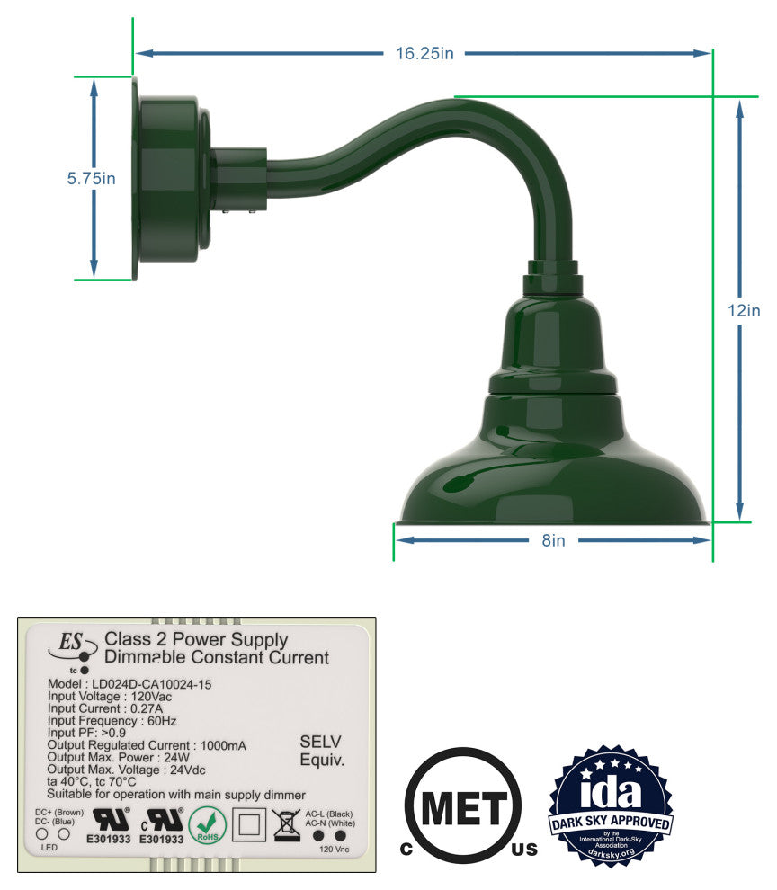 8in. Green Gooseneck Barn Light with Chic Arm