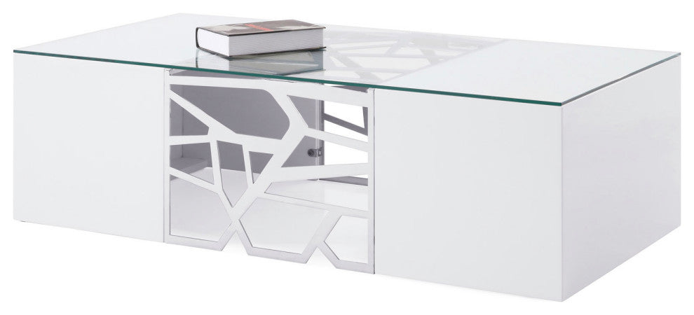 Liera Coffee Table Clear Tempered Glass Top White Lacquer Base Stainless Steel