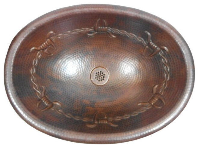 Oval Copper Bathroom Sink with Barbed Wire Design & 19-Hole Drain