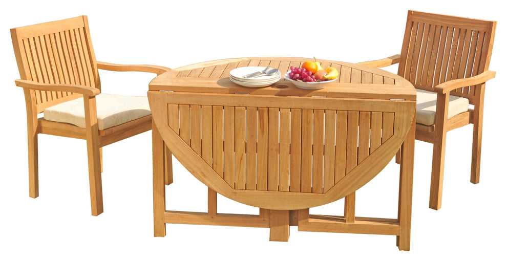 3-Piece Outdoor Teak Dining Set: 48" Butterfly Table, 2 Leveb Stacking Arm Chair