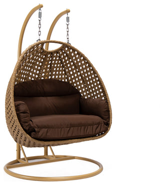 LeisureMod Mendoza Light Brown Wicker Hanging Double Egg Swing Chair, Brown