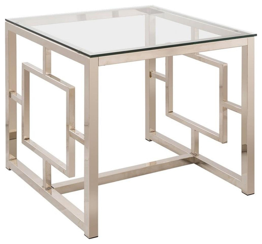 Bowery Hill End Table Coffee Accent Table Square in Glass Top and Glass - Nickel