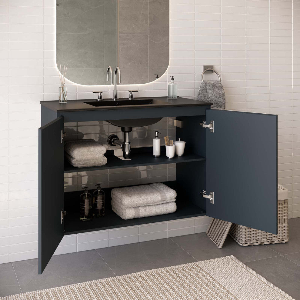 Sink Vanity Cabinet, Wall Mount, Gray Black, Ceramic, Modern, Bathroom
