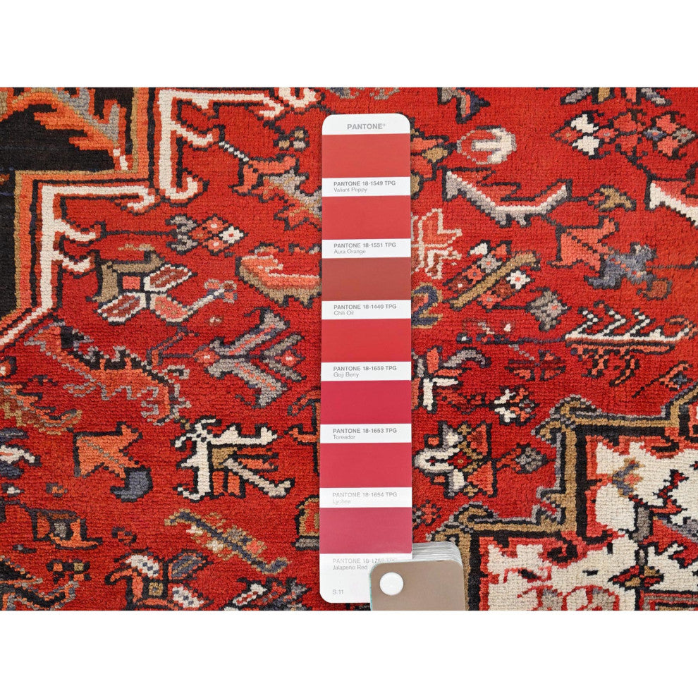 Chili Red Pure Wool Hand Knotted Semi Antique Persian Heriz Rug 8'3"x10'10"