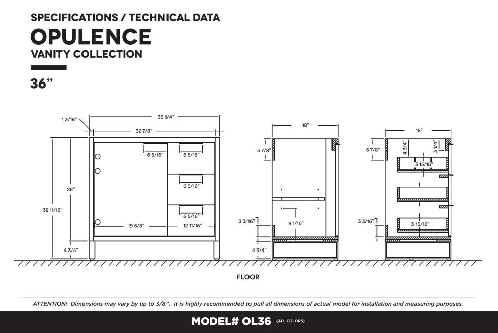 Opulence Bath Vanity, Black Matte, 36", Satin Brass Hardware, White Carrara Top
