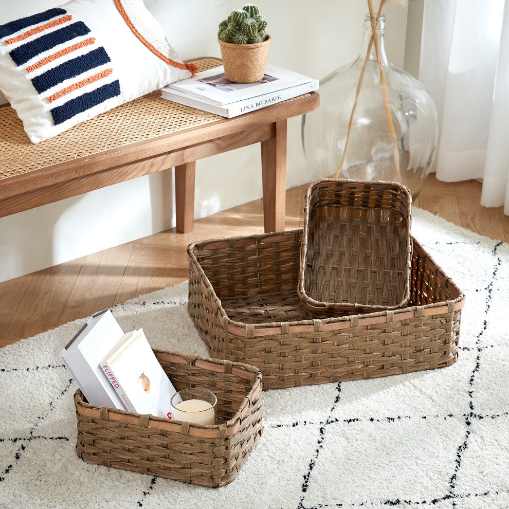 3-Piece Set Rectangle Faux Wicker Storage Baskets with Woodstrip Edge, Tan