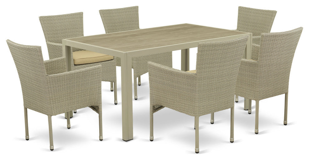 7Pc Outdoor- Natural Color Wicker Dining Set, Patio Table, 6 Armchair