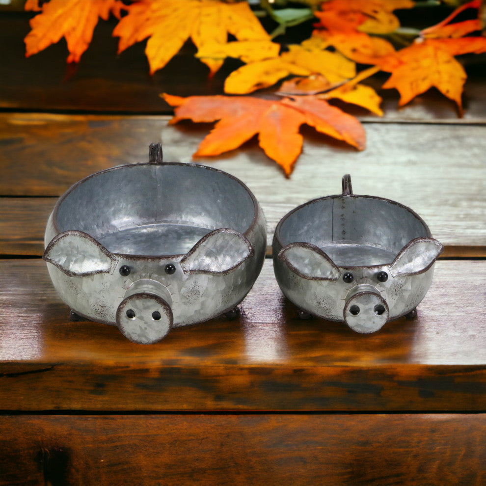 Galvanized Metal Piglet Planters, Set of 2
