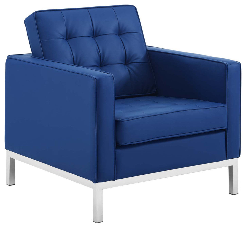 Loft Tufted Upholstered Faux Leather Armchair Silver Navy
