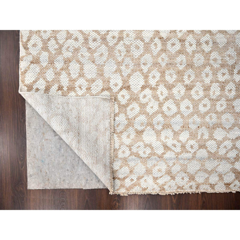 Almond Brown Cropped Thin Hand Knotted Natural Wool Oriental Rug, 9'x11'11"