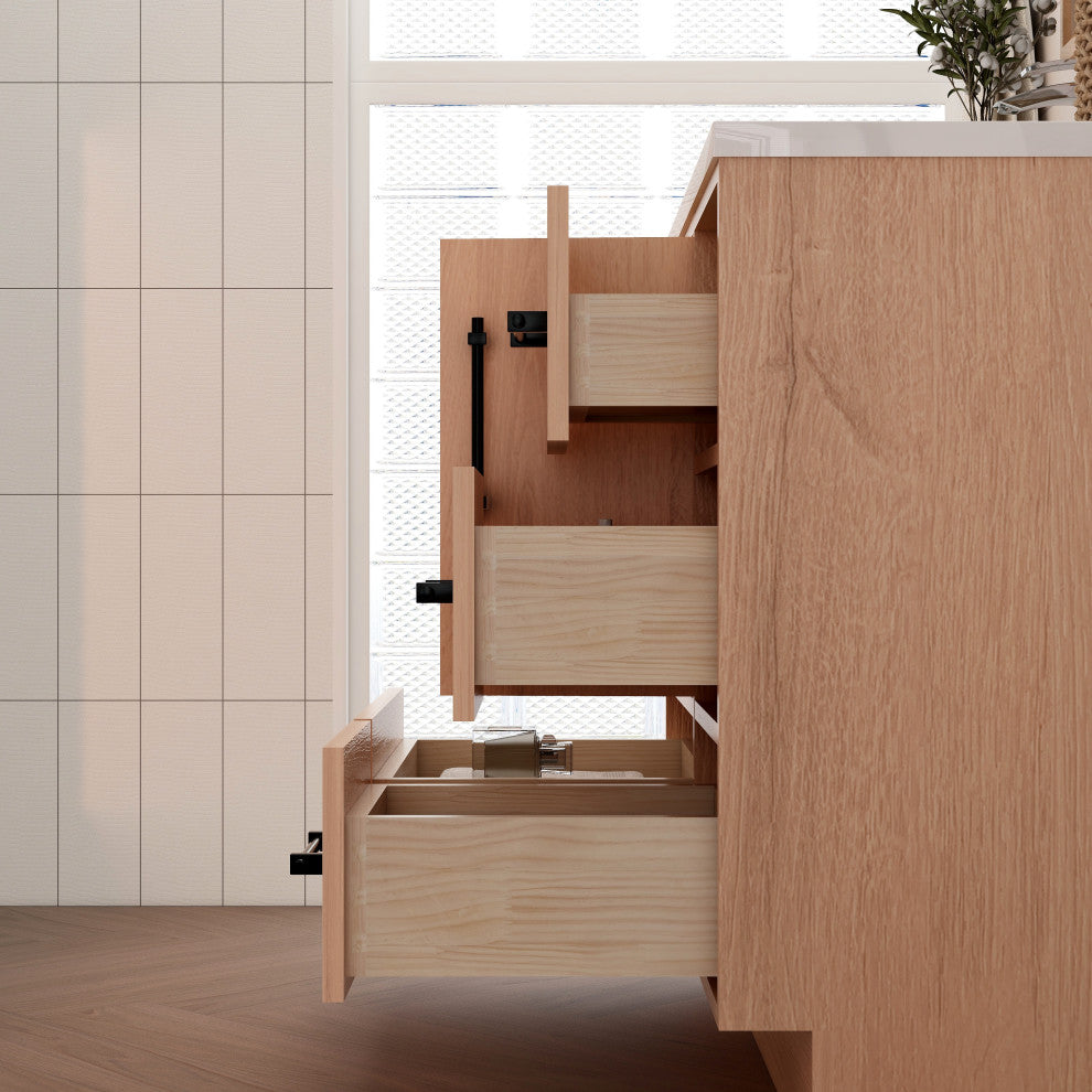 Victoria 36" Solid Wood Bath Vanity Right Side Drawers, Red Oak