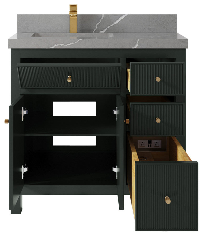 Sonoma 36 Left Offset Reeded Bath Vanity in Dark Forest Green 2" Piatra Gray