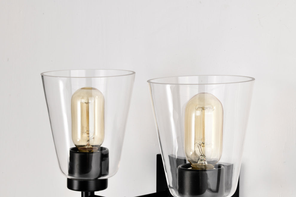 13 in. 2-Lights Matte Black Vanity Light With Clear Glass Cone Shades