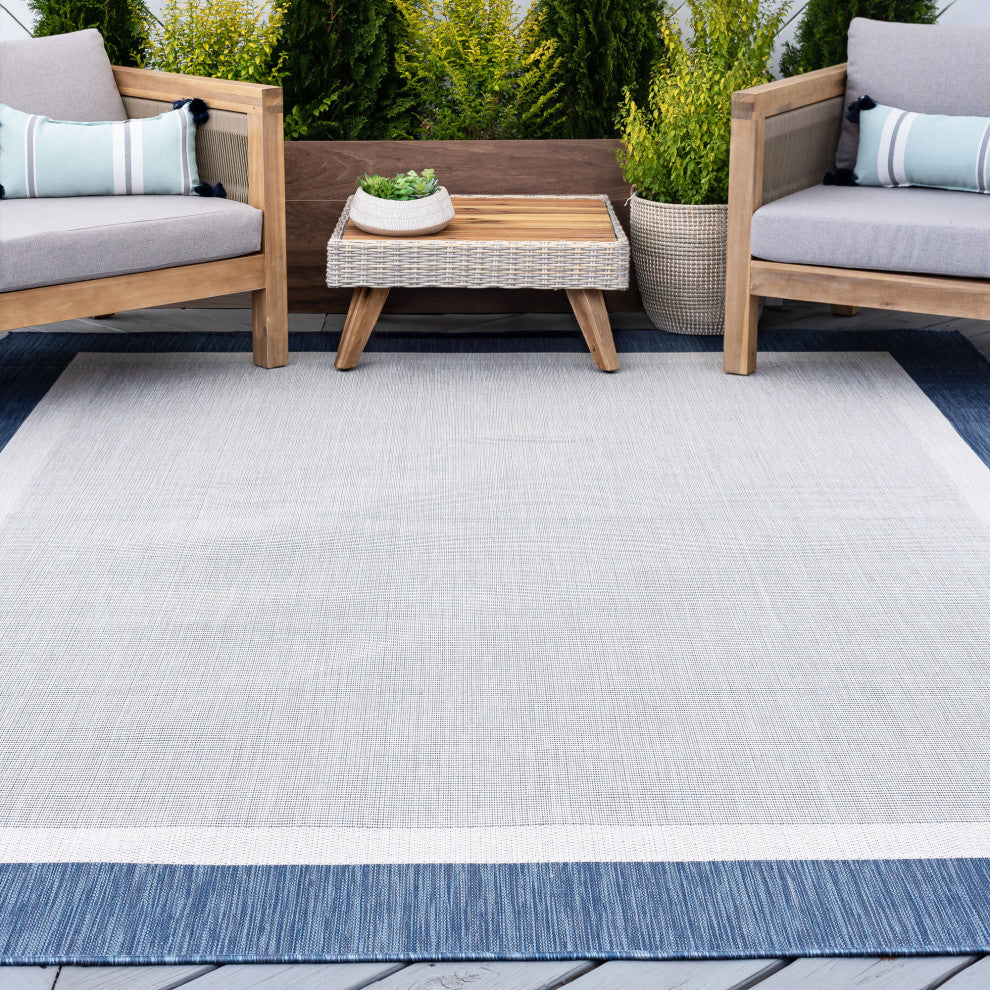 Dania Transitional Solid Border Blue/Cream Indoor/Outdoor Area Rug, 8'x10'
