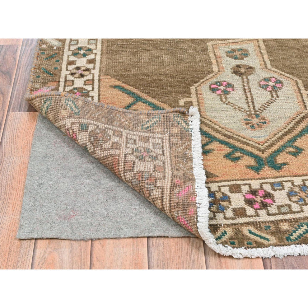 Hazelnut Brown Vintage Northwest Persian Hand Knotted Pure Wool Rug, 3'3"x12'10"