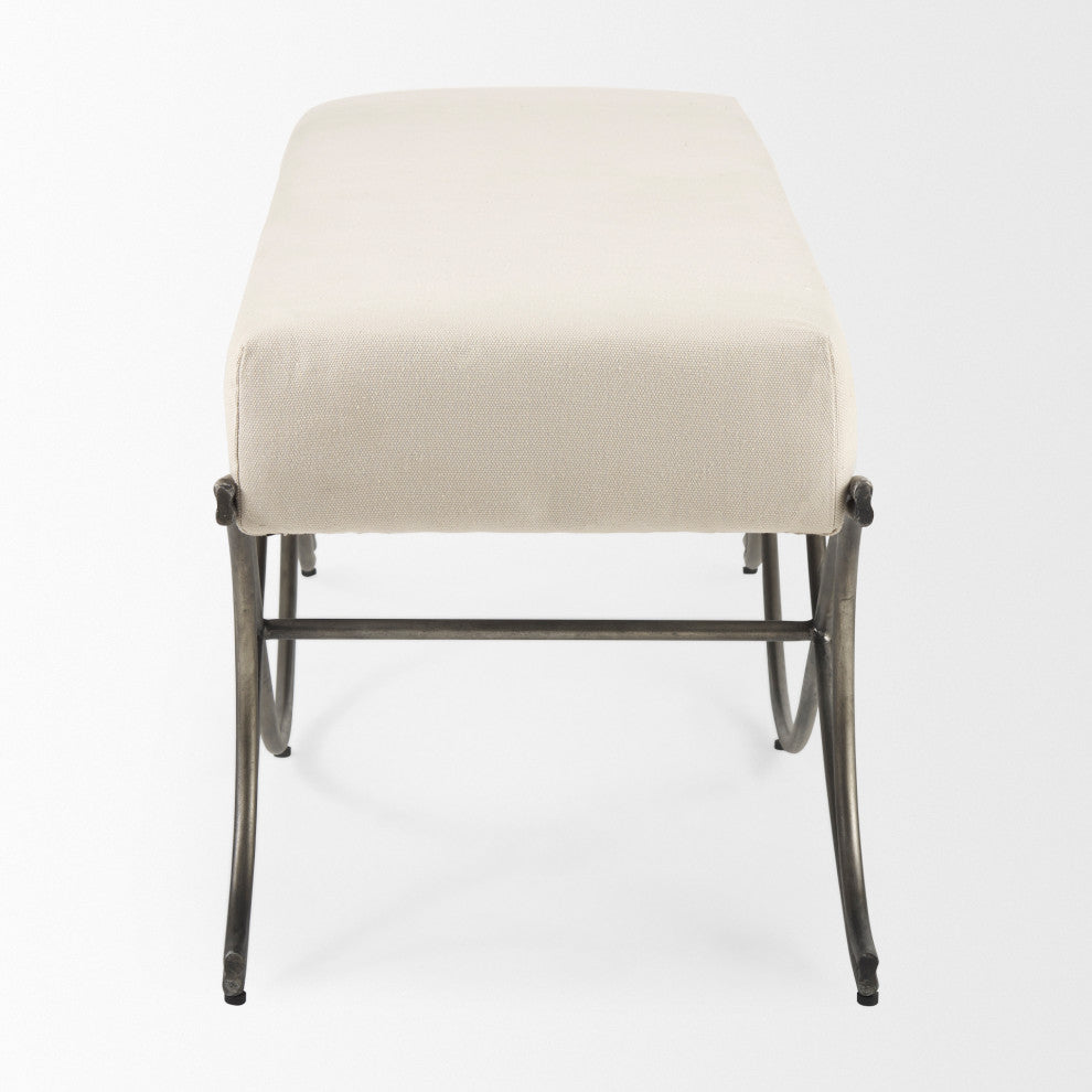 Ayla 55Lx17.6Wx18H Cream Fabric Seat With Antique Nickel Frame Bench