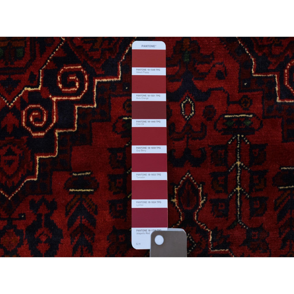 Red Hand Knotted Tribal Design Soft Wool Afghan Khamyab Oriental Rug, 4'10"x6'7"