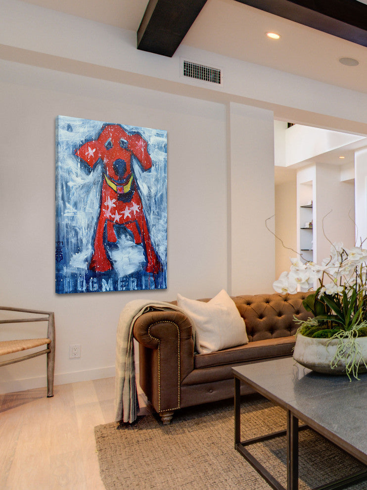 "Red Star Puppy" Painting Print on Wrapped Canvas, 12"x18"