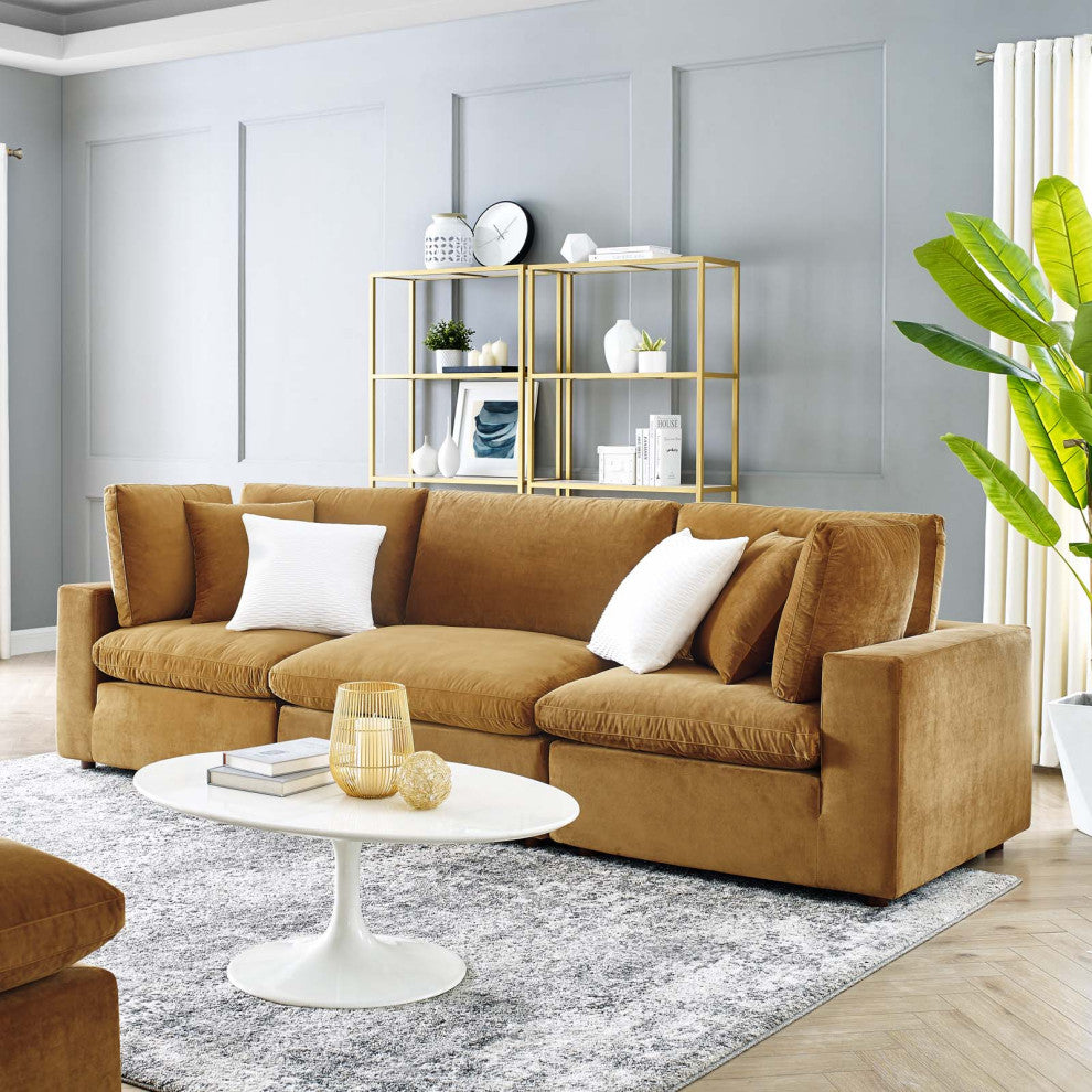 Commix Down Filled Overstuffed Performance Velvet 3-Seater Sofa Cognac