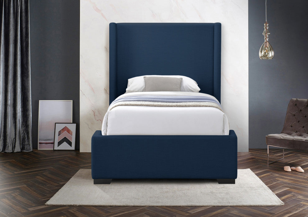 Oxford Linen Textured Fabric Upholstered Bed, Navy, Twin