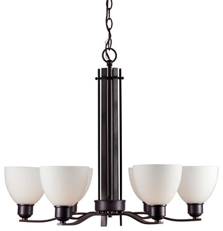 6 Light Chandelier, Antique Bronze, White Glass