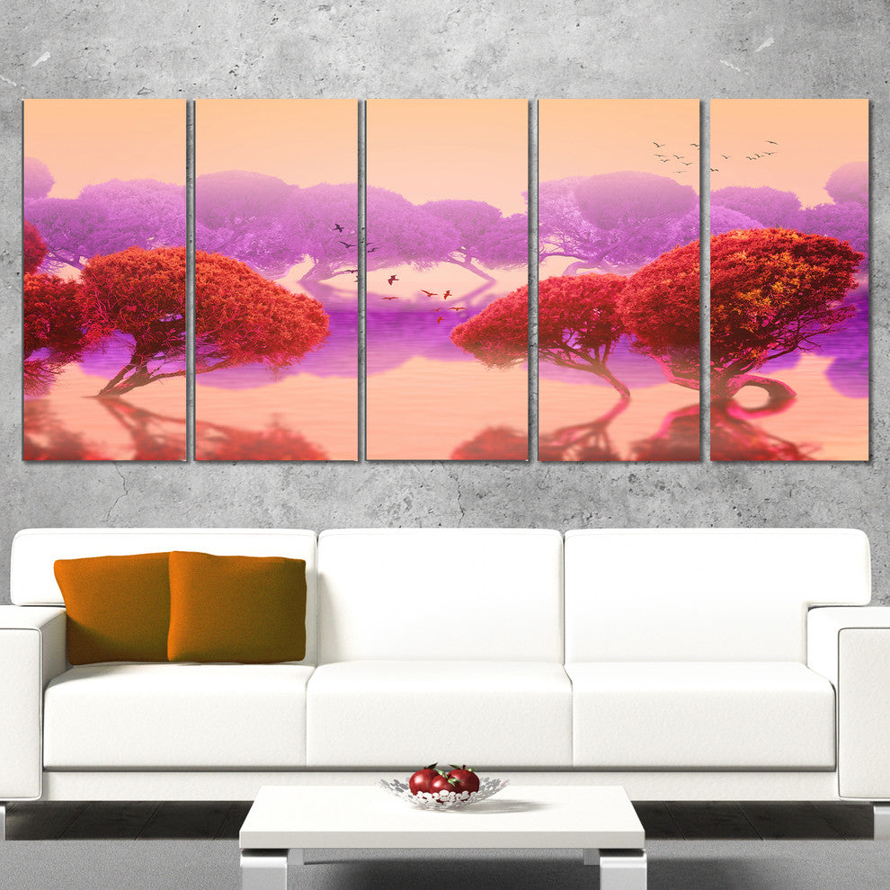 Red and Purple Japanese Gardens, Large Landscape Canvas Print, 60"x28", 5 Panels