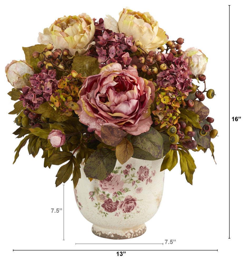 16" Peony Artificial Arrangement, Floral Vase