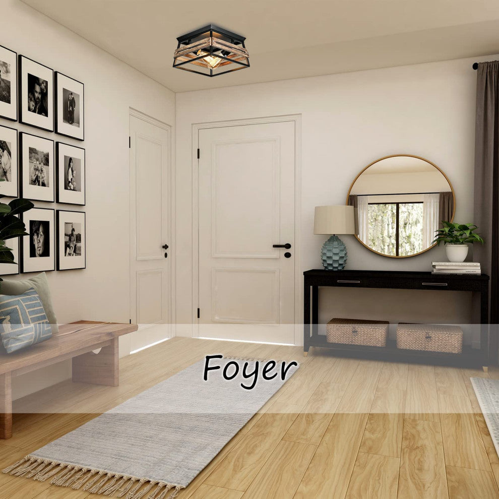 2 Light Semi Flush Mount Ceiling Light Fixture, Farmhouse, Wood