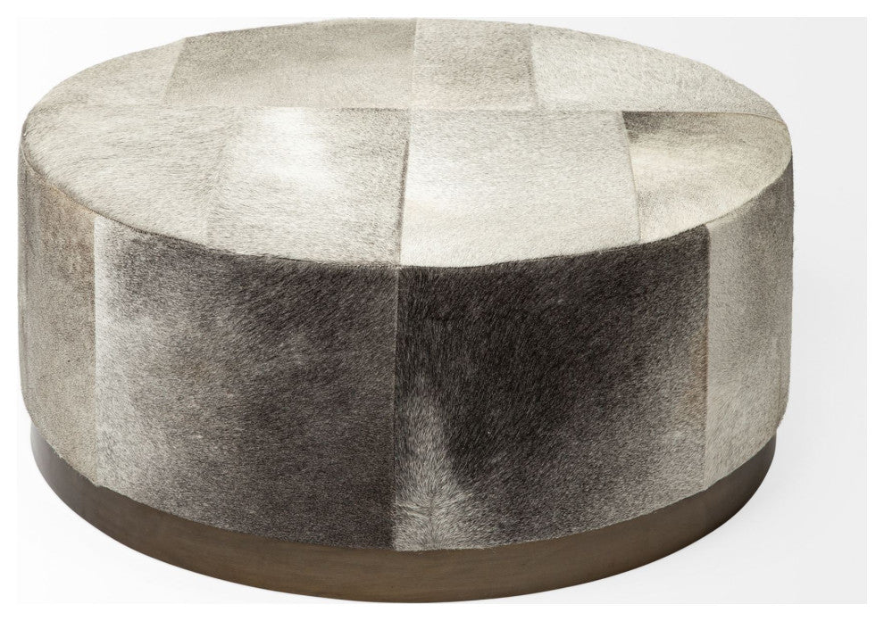 Gray Cowhide Round Ottoman With Metal Base